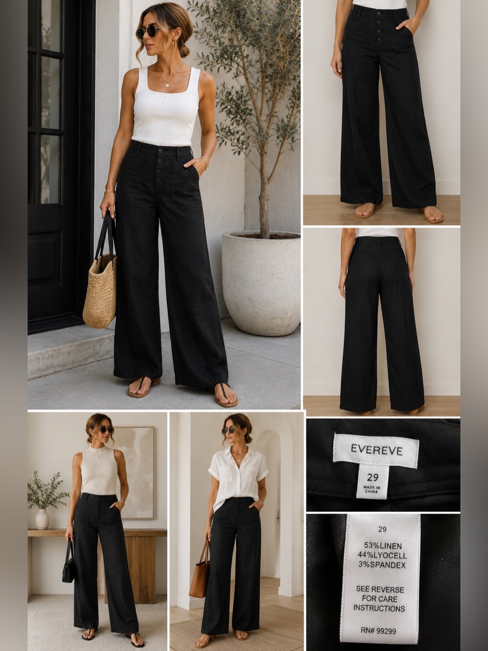 EVEREVE Black Linen Blend Wide Leg Pants Size 29 Button Fly